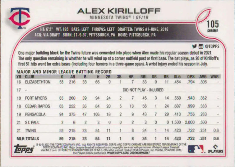 2022 Topps Chrome #105 Alex Kirilloff NM-MT Minnesota Twins Baseball Card - Baseball Card Single