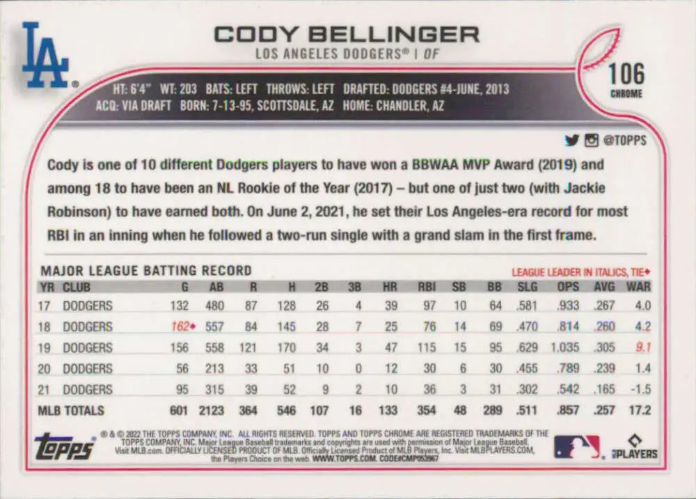 2022 Topps Chrome #106 Cody Bellinger NM-MT Los Angeles Dodgers Baseball Card - Baseball Card Single