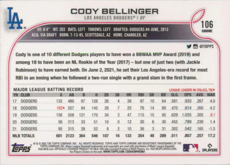 2022 Topps Chrome #106 Cody Bellinger NM-MT Los Angeles Dodgers Baseball Card - Baseball Card Single