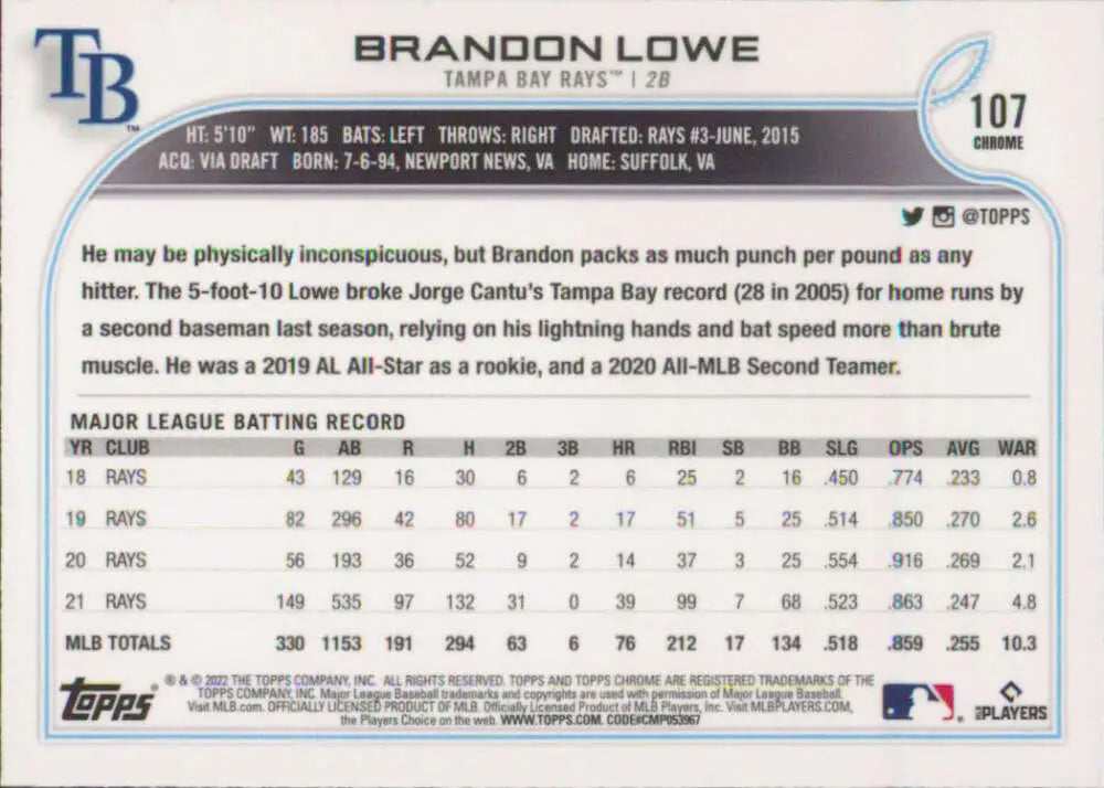 2022 Topps Chrome #107 Brandon Lowe NM-MT Tampa Bay Rays Baseball Card - Baseball Card Single