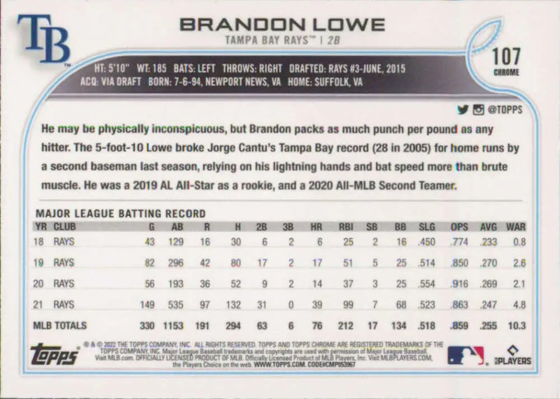 2022 Topps Chrome #107 Brandon Lowe NM-MT Tampa Bay Rays Baseball Card - Baseball Card Single