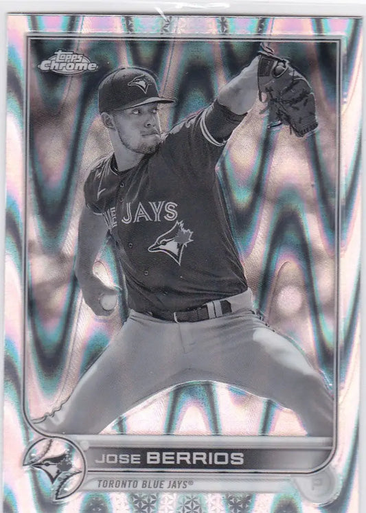Jose Berrios mid-pitch in Toronto Blue Jays uniform, showcasing Ray Wave design