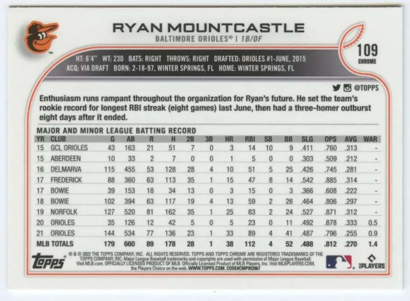 2022 Topps Chrome #109 Ryan Mountcastle NM-MT Baltimore Orioles Baseball Card - Baseball Card Single