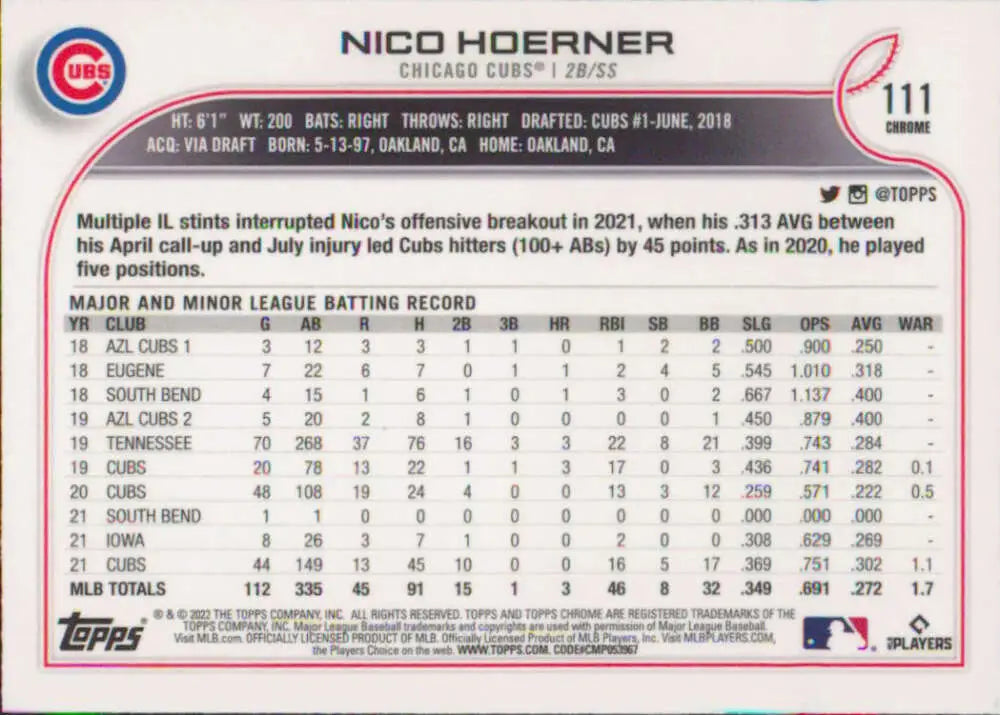 2022 Topps Chrome #111 Nico Hoerner NM-MT Chicago Cubs Baseball Card - Baseball Card Single