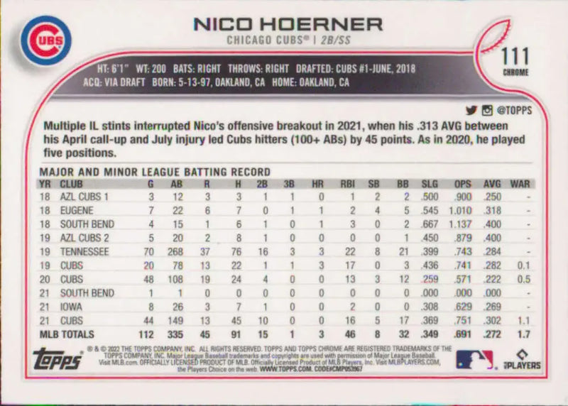 2022 Topps Chrome #111 Nico Hoerner NM-MT Chicago Cubs Baseball Card - Baseball Card Single