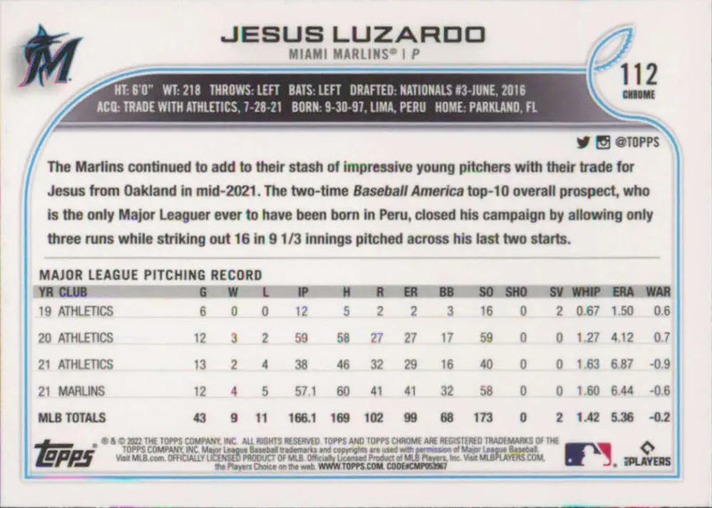 2022 Topps Chrome #112 Jesus Luzardo NM-MT Miami Marlins Baseball Card - Baseball Card Single