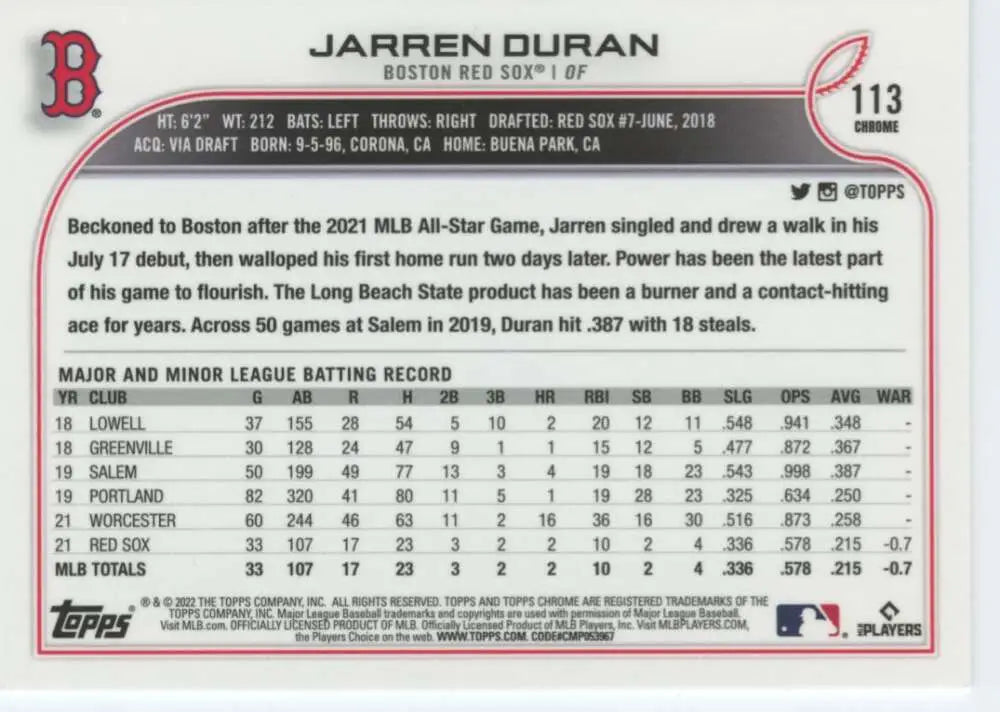 2022 Topps Chrome #113 Jarren Duran NM-MT RC Rookie Boston Red Sox Baseball Card - Baseball Card Single