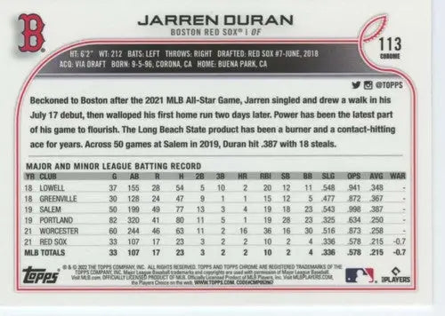 2022 Topps Chrome Jarren Duran baseball card with original gloss and rookie design