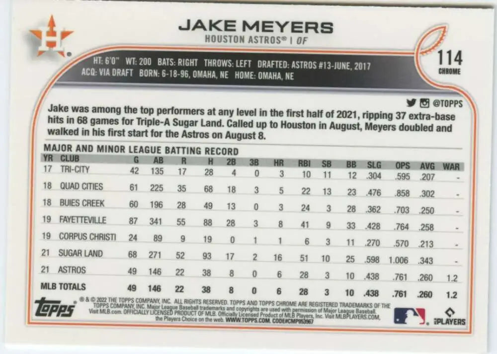 2022 Topps Chrome #114 Jake Meyers NM-MT RC Rookie Houston Astros Baseball Card - Baseball Card Single