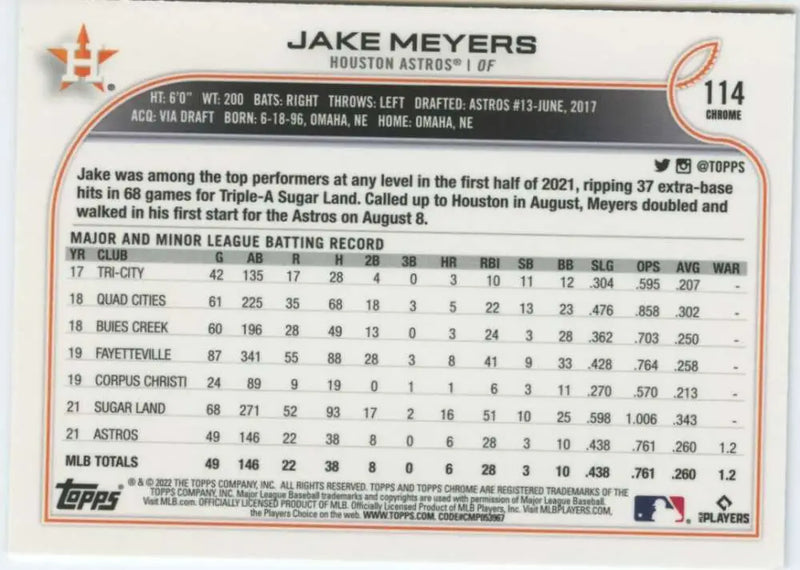 2022 Topps Chrome #114 Jake Meyers NM-MT RC Rookie Houston Astros Baseball Card - Baseball Card Single