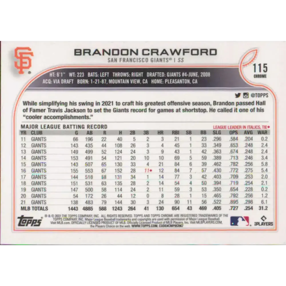 2022 Topps Chrome #115 Brandon Crawford NM-MT San Francisco Giants Baseball Card - Baseball Card Single