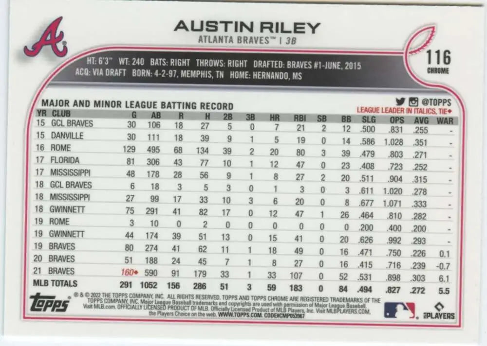 2022 Topps Chrome #116 Austin Riley NM-MT Atlanta Braves Baseball Card - Baseball Card Single