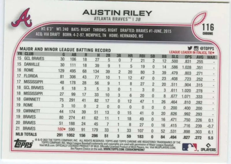 2022 Topps Chrome #116 Austin Riley NM-MT Atlanta Braves Baseball Card - Baseball Card Single