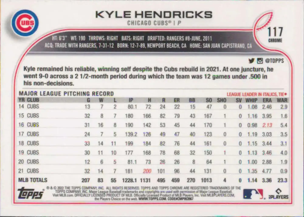 2022 Topps Chrome #117 Kyle Hendricks NM-MT Chicago Cubs Baseball Card - Baseball Card Single
