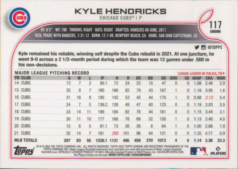 2022 Topps Chrome #117 Kyle Hendricks NM-MT Chicago Cubs Baseball Card - Baseball Card Single