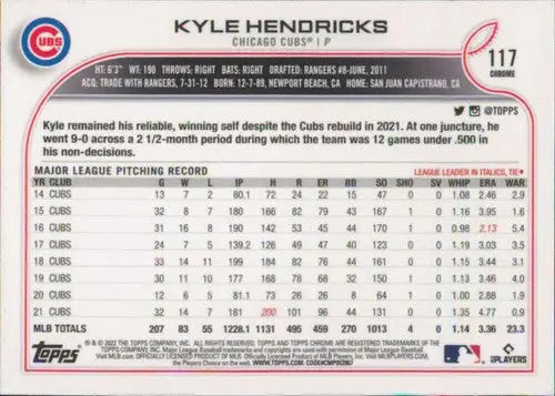 Original gloss 2022 Topps Chrome Kyle Hendricks baseball card NM-MT Cubs ID47763