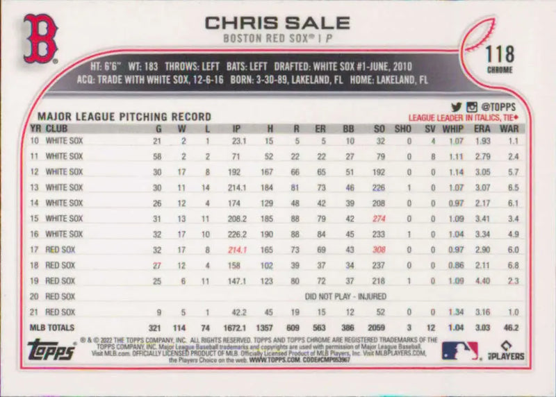 2022 Topps Chrome #118 Chris Sale NM-MT Boston Red Sox Baseball Card - Baseball Card Single