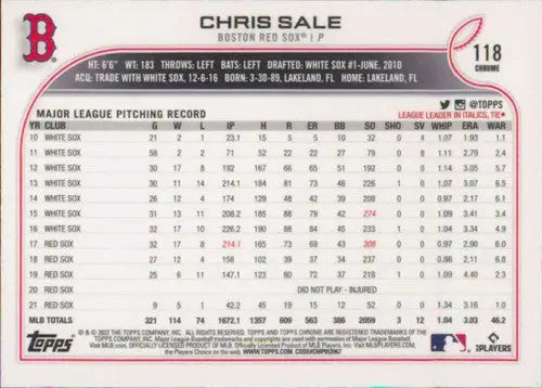 2022 Topps Chrome #118 Chris Sale NM-MT Red Sox ID:51592 - Baseball Card Single