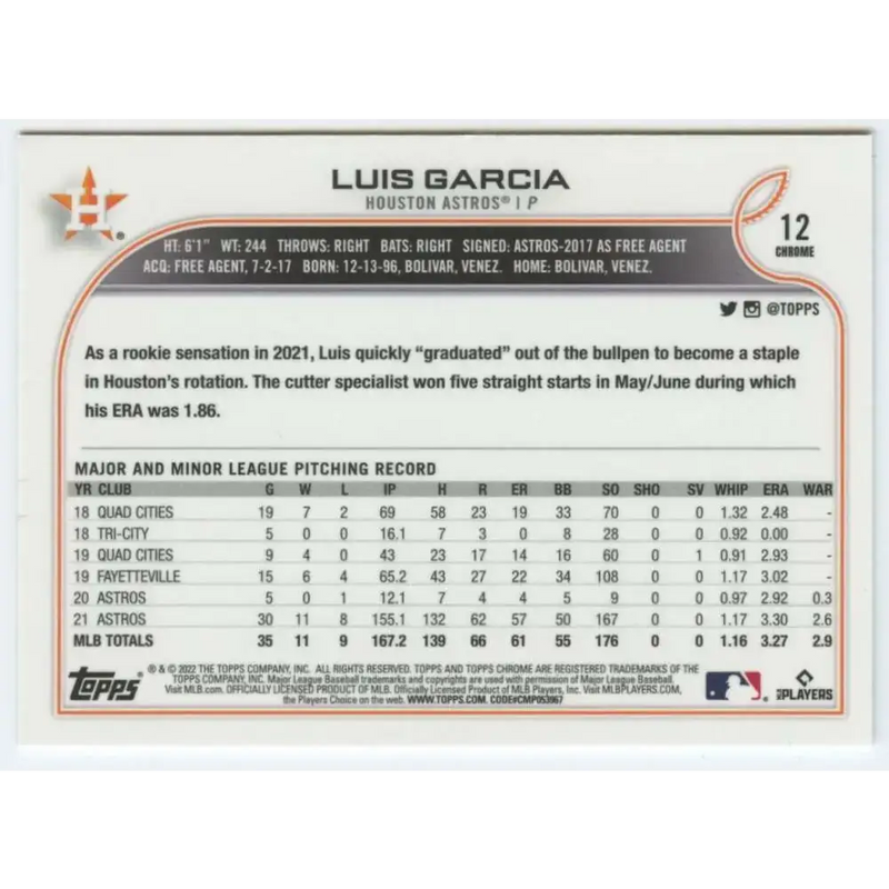 2022 Topps Chrome #12 Luis Garcia NM-MT Houston Astros Baseball Card - Baseball Card Single