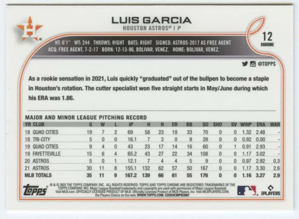 2022 Topps Chrome #12 Luis Garcia NM-MT Houston Astros Baseball Card - Baseball Card Single