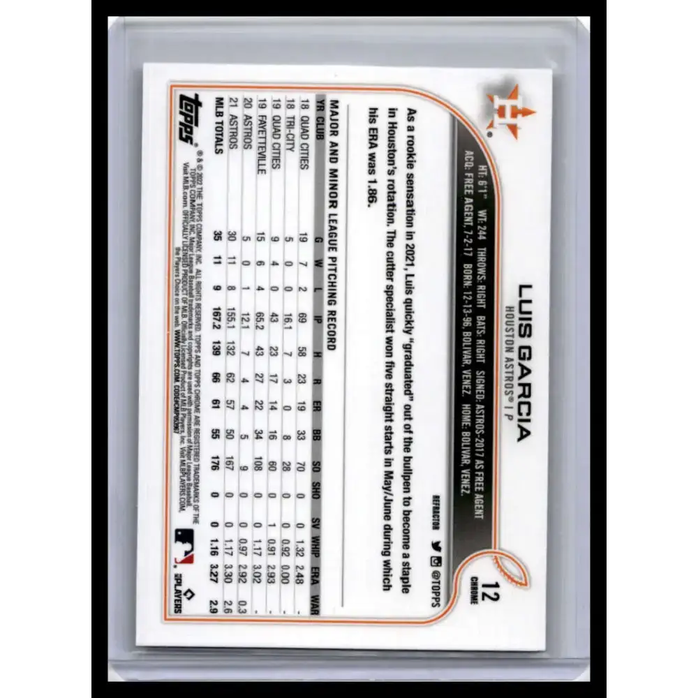 2022 Topps Chrome #12 Luis Garcia NM-MT Houston Astros Baseball Card - Baseball Card Single
