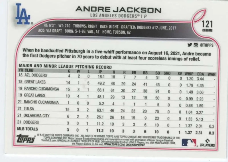 2022 Topps Chrome #121 Andre Jackson NM-MT RC Rookie Los Angeles Dodgers Baseball Card - Baseball Card Single