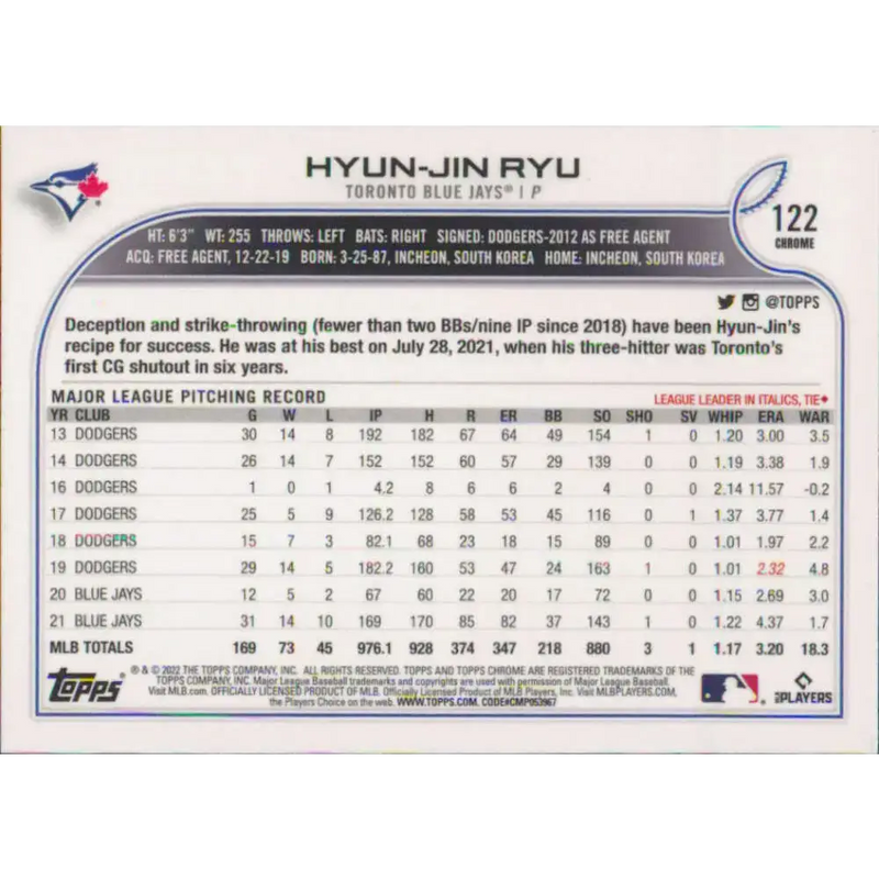 2022 Topps Chrome #122 Hyun-Jin Ryu NM-MT Toronto Blue Jays Baseball Card - Baseball Card Single