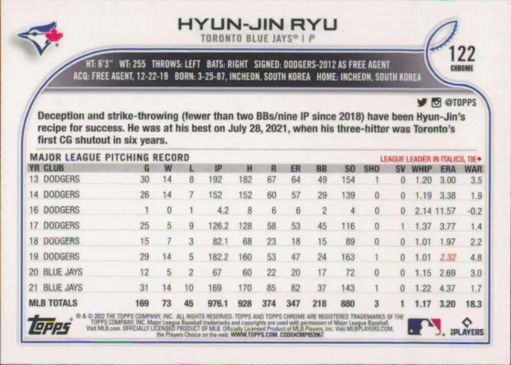 2022 Topps Chrome #122 Hyun-Jin Ryu NM-MT Toronto Blue Jays Baseball Card - Baseball Card Single