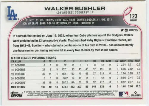 2022 Topps Chrome #123 Walker Buehler NM-MT Dodgers ID:51599 - Baseball Card Single