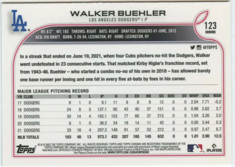 2022 Topps Chrome #123 Walker Buehler NM-MT Los Angeles Dodgers Baseball Card - Baseball Card Single