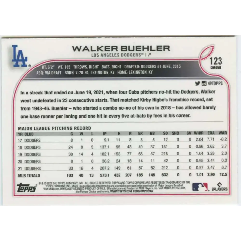 2022 Topps Chrome #123 Walker Buehler NM-MT Los Angeles Dodgers Baseball Card - Baseball Card Single