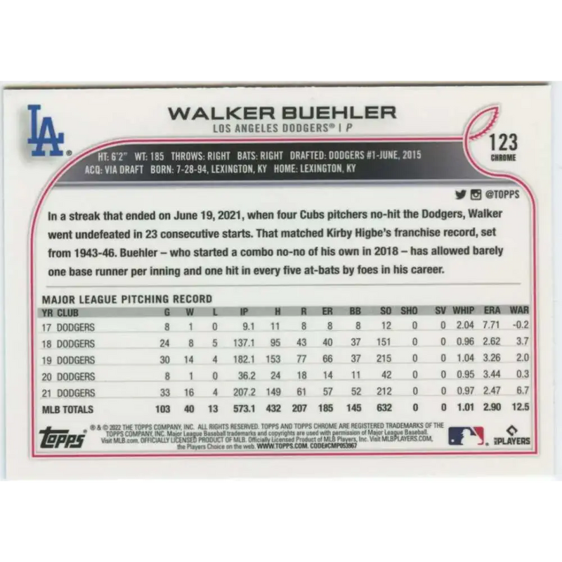 2022 Topps Chrome #123 Walker Buehler NM-MT Los Angeles Dodgers Baseball Card - Baseball Card Single