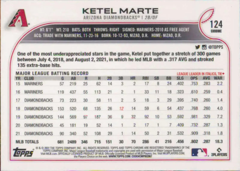2022 Topps Chrome #124 Ketel Marte NM-MT Arizona Diamondbacks Baseball Card - Baseball Card Single