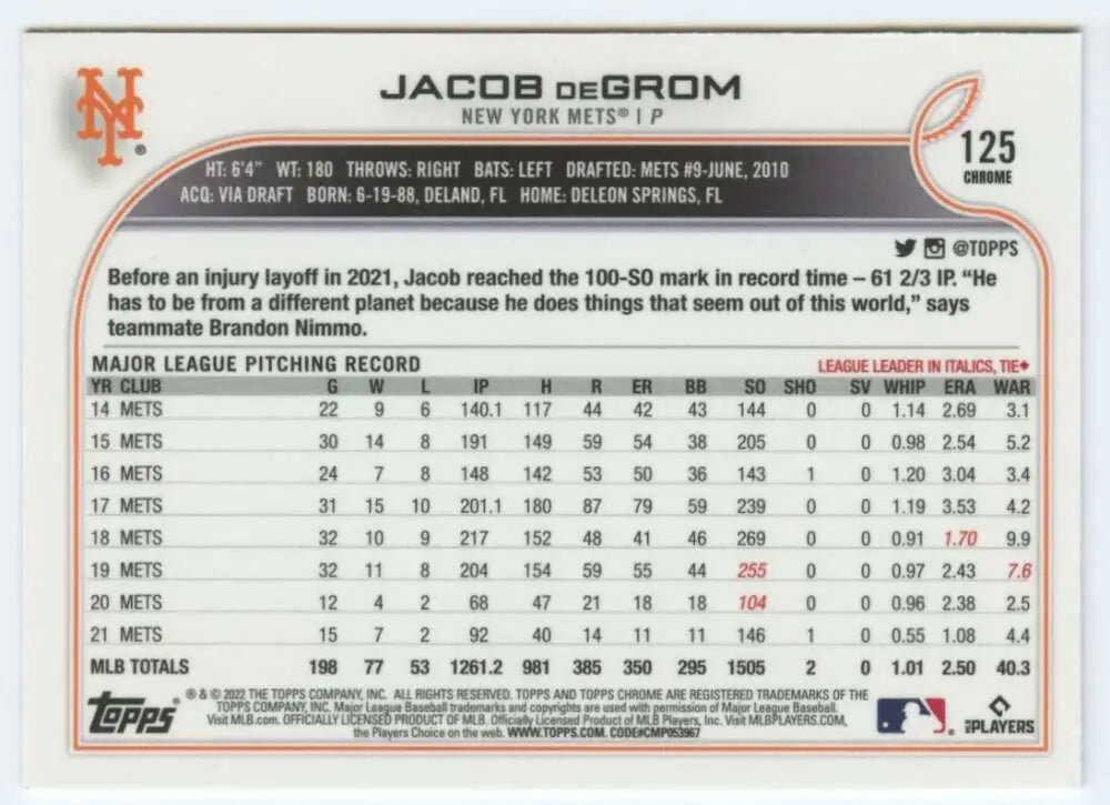 2022 Topps Chrome #125 Jacob deGrom NM-MT New York Mets Baseball Card - Baseball Card Single