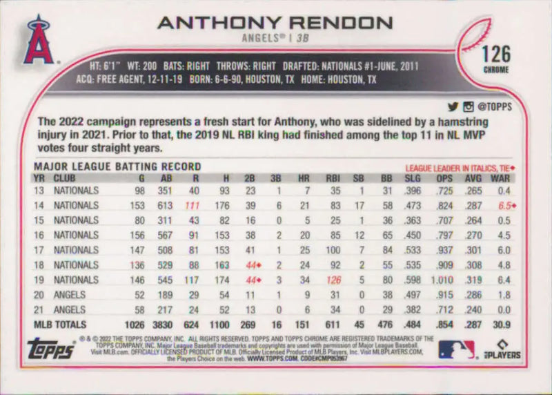 2022 Topps Chrome #126 Anthony Rendon NM-MT Los Angeles Angels Baseball Card - Baseball Card Single