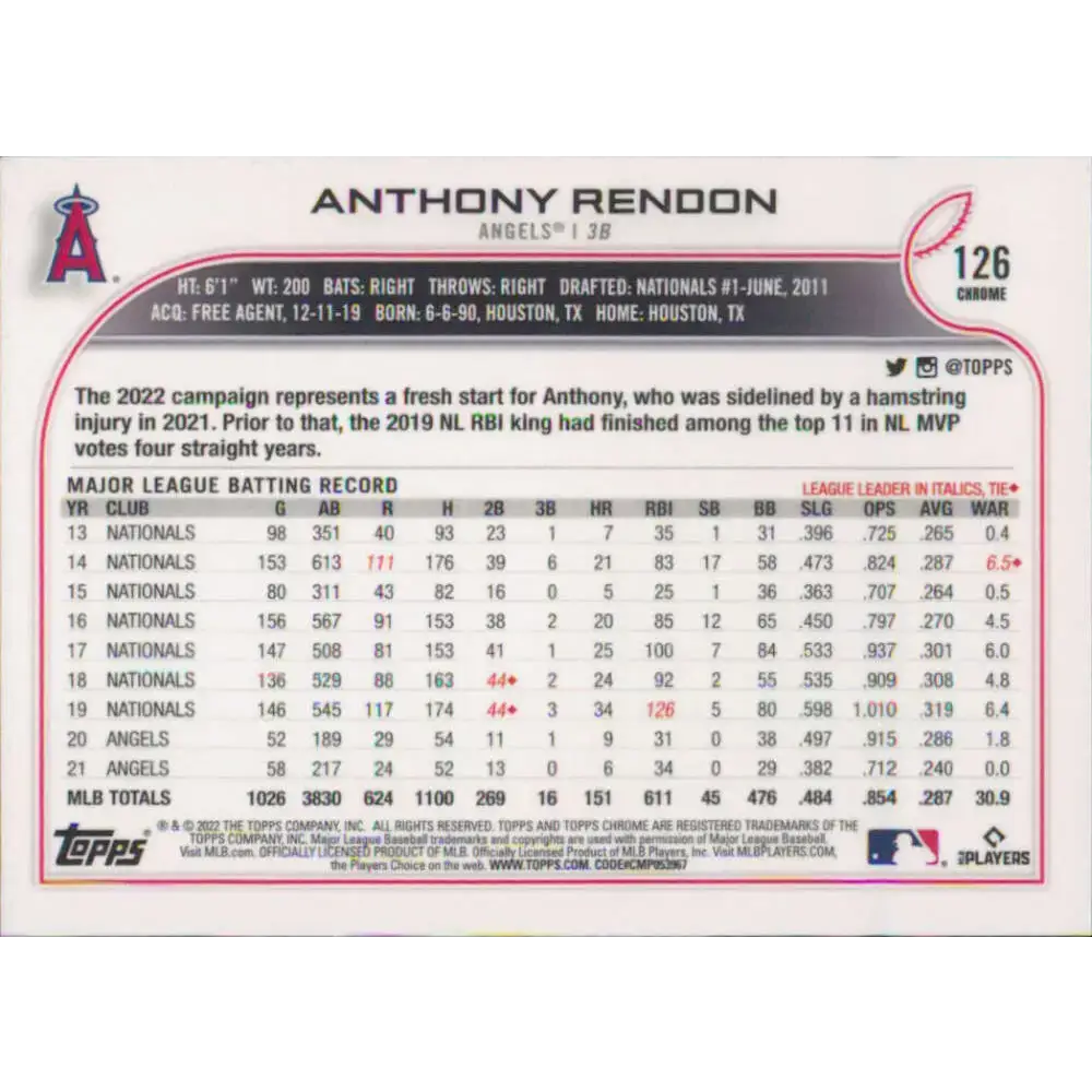 2022 Topps Chrome #126 Anthony Rendon NM-MT Los Angeles Angels Baseball Card - Baseball Card Single