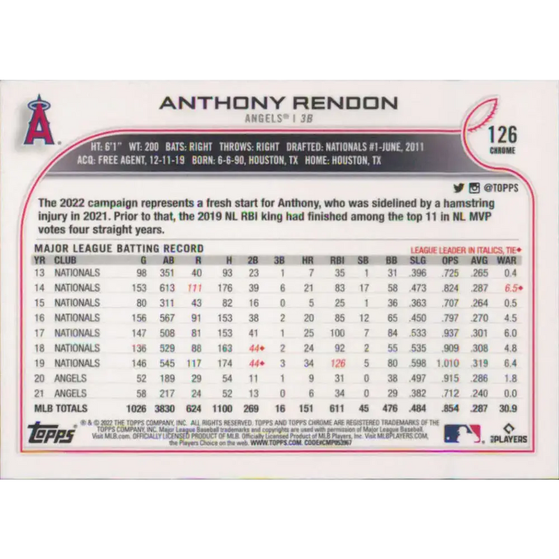 2022 Topps Chrome #126 Anthony Rendon NM-MT Los Angeles Angels Baseball Card - Baseball Card Single