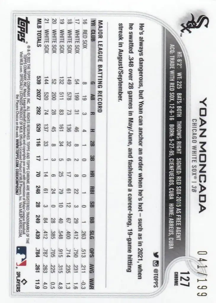 2022 Topps Chrome #127 Yoan Moncada Aqua Refractor 41/199 Chicago White Sox