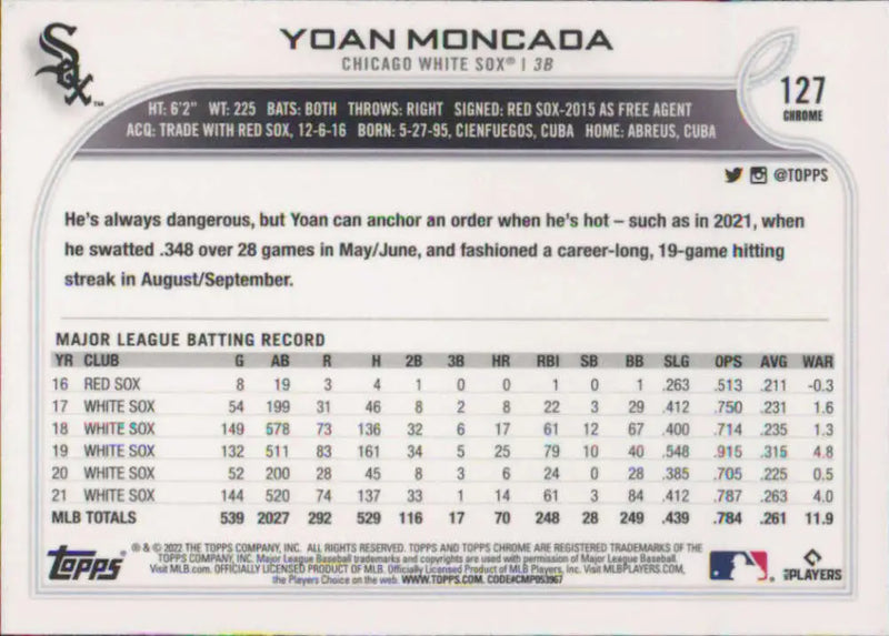 2022 Topps Chrome #127 Yoan Moncada NM-MT Chicago White Sox Baseball Card
