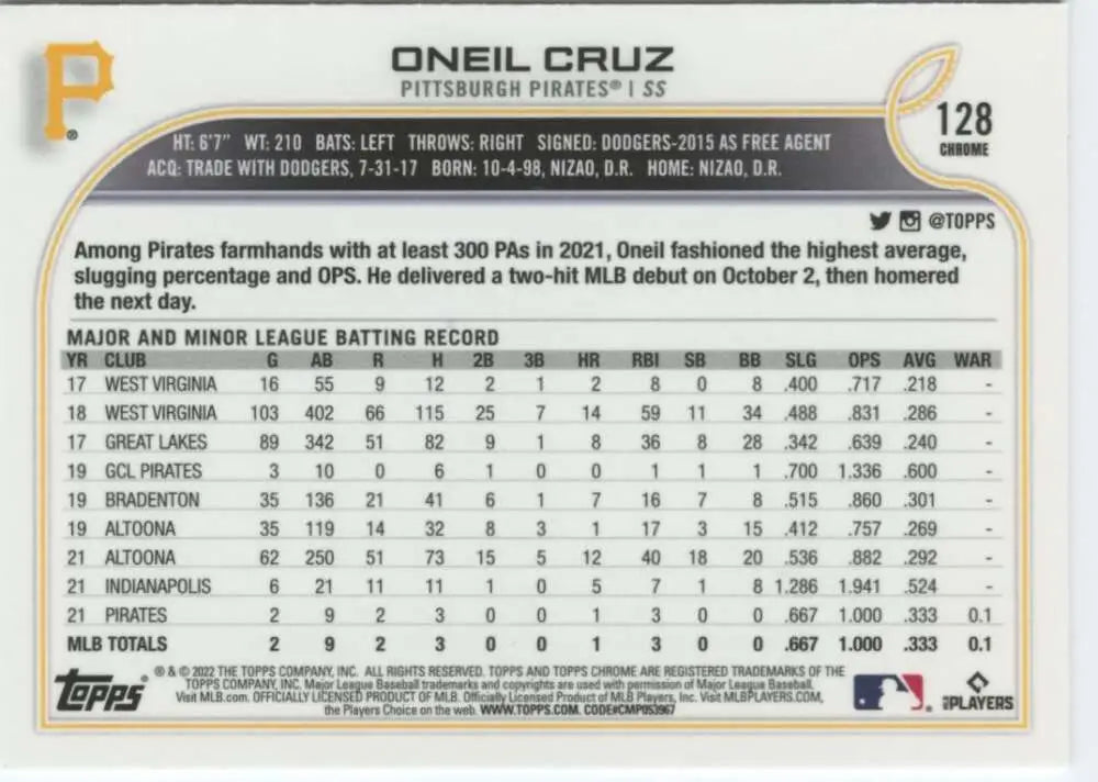 2022 Topps Chrome #128 Oneil Cruz NM-MT RC Rookie Pittsburgh Pirates Baseball Card - Baseball Card Single