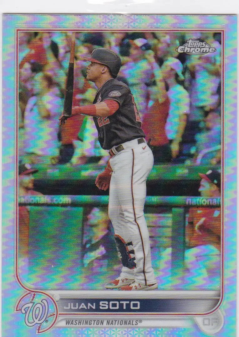 Holographic Juan Soto Base card showcasing Washington Nationals player in batting stance
