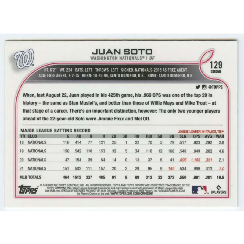 2022 Topps Chrome #129 Juan Soto NM-MT Washington Nationals Baseball Card - Baseball Card Single