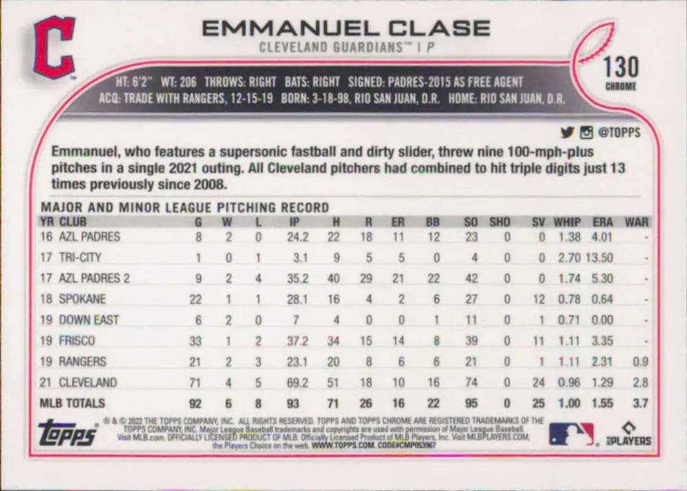 2022 Topps Chrome #130 Emmanuel Clase NM-MT Cleveland Guardians Baseball Card