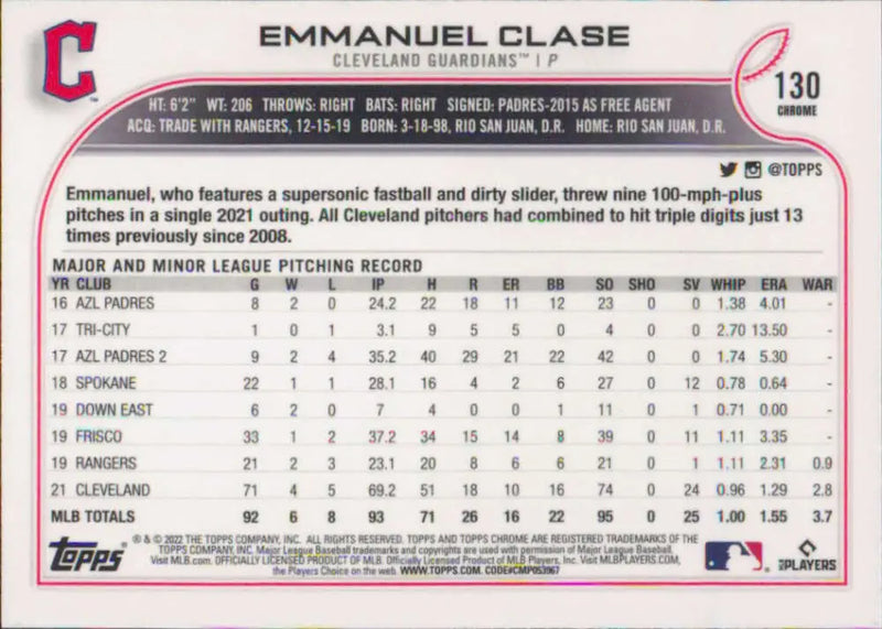 2022 Topps Chrome #130 Emmanuel Clase NM-MT Cleveland Guardians Baseball Card