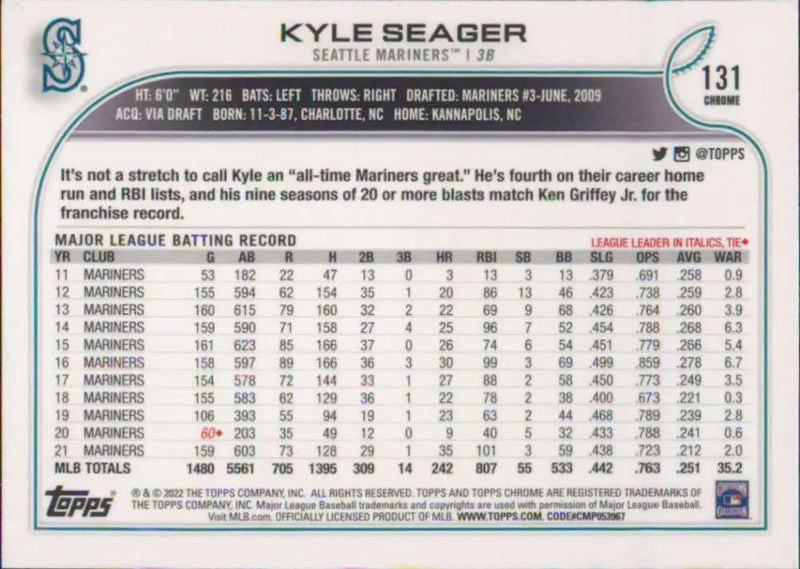 2022 Topps Chrome #131 Kyle Seager NM-MT Seattle Mariners Baseball Card - Baseball Card Single
