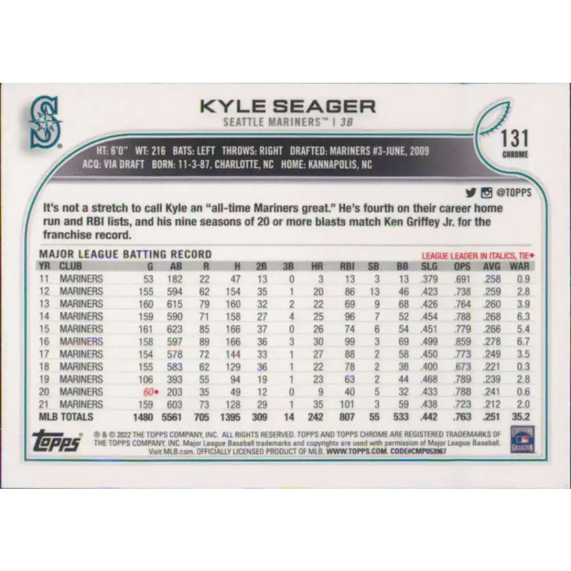 2022 Topps Chrome #131 Kyle Seager NM-MT Seattle Mariners Baseball Card - Baseball Card Single