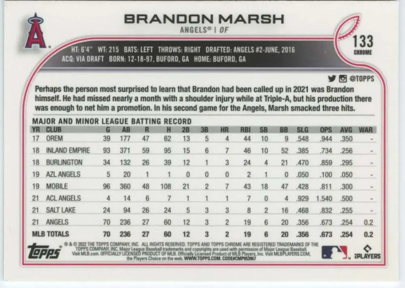 2022 Topps Chrome #133 Brandon Marsh NM-MT RC Rookie Los Angeles Angels Baseball Card - Baseball Card Single