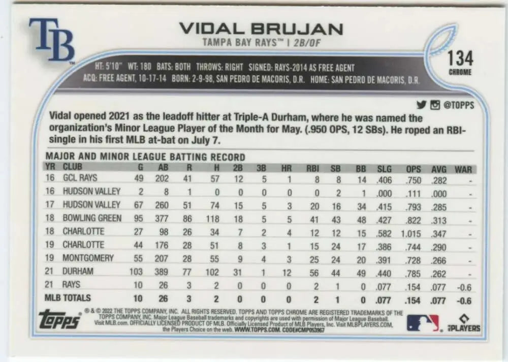 2022 Topps Chrome #134 Vidal Brujan NM-MT RC Rookie Tampa Bay Rays Baseball Card - Baseball Card Single