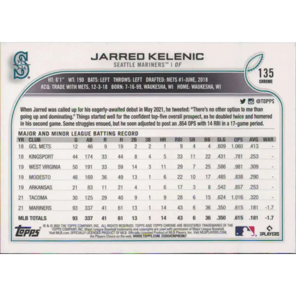 2022 Topps Chrome #135 Jarred Kelenic NM-MT Seattle Mariners Baseball Card - Baseball Card Single