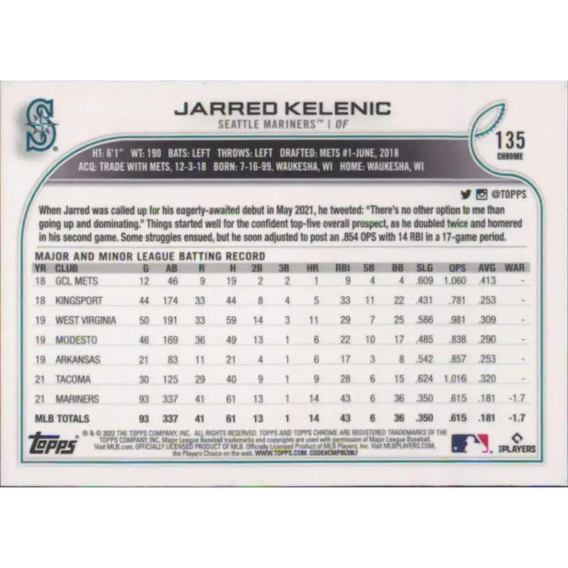 2022 Topps Chrome #135 Jarred Kelenic NM-MT Seattle Mariners Baseball Card - Baseball Card Single